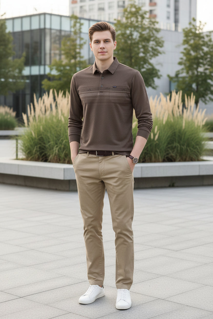 A man wearing a brown long-sleeve polo shirt with horizontal textured stripes and a chest pocket, paired with beige pants. The image features promotional text on the bottom left.