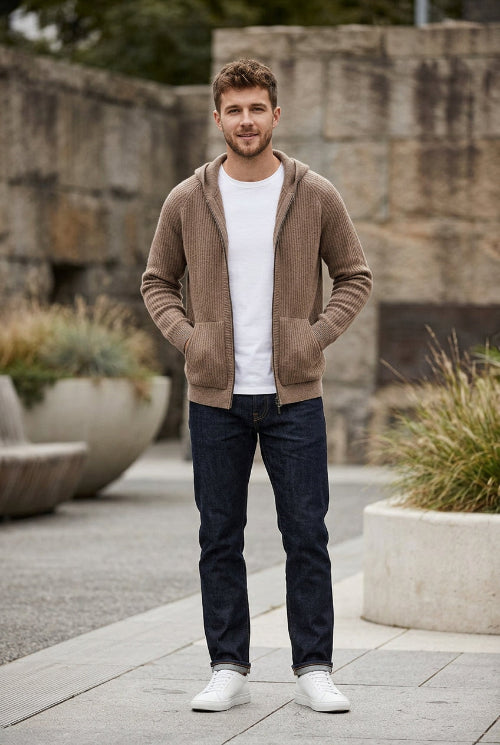 A brown ribbed knit zip-up hoodie jacket with a hood and front pockets, displayed on a wooden hanger over a white t-shirt 