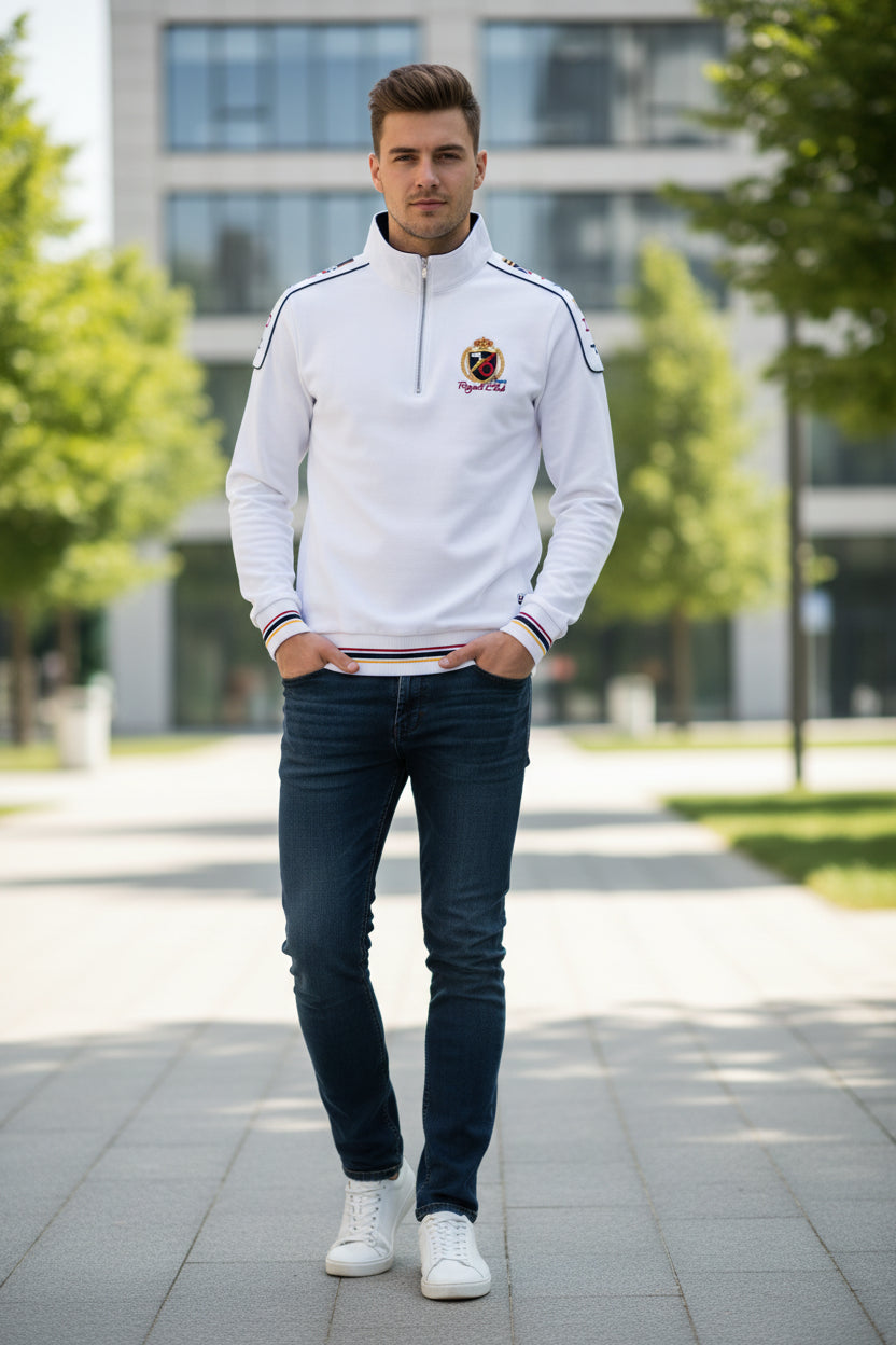 White jacket with logos and text on a white background, featuring the Tace&Shark brand.