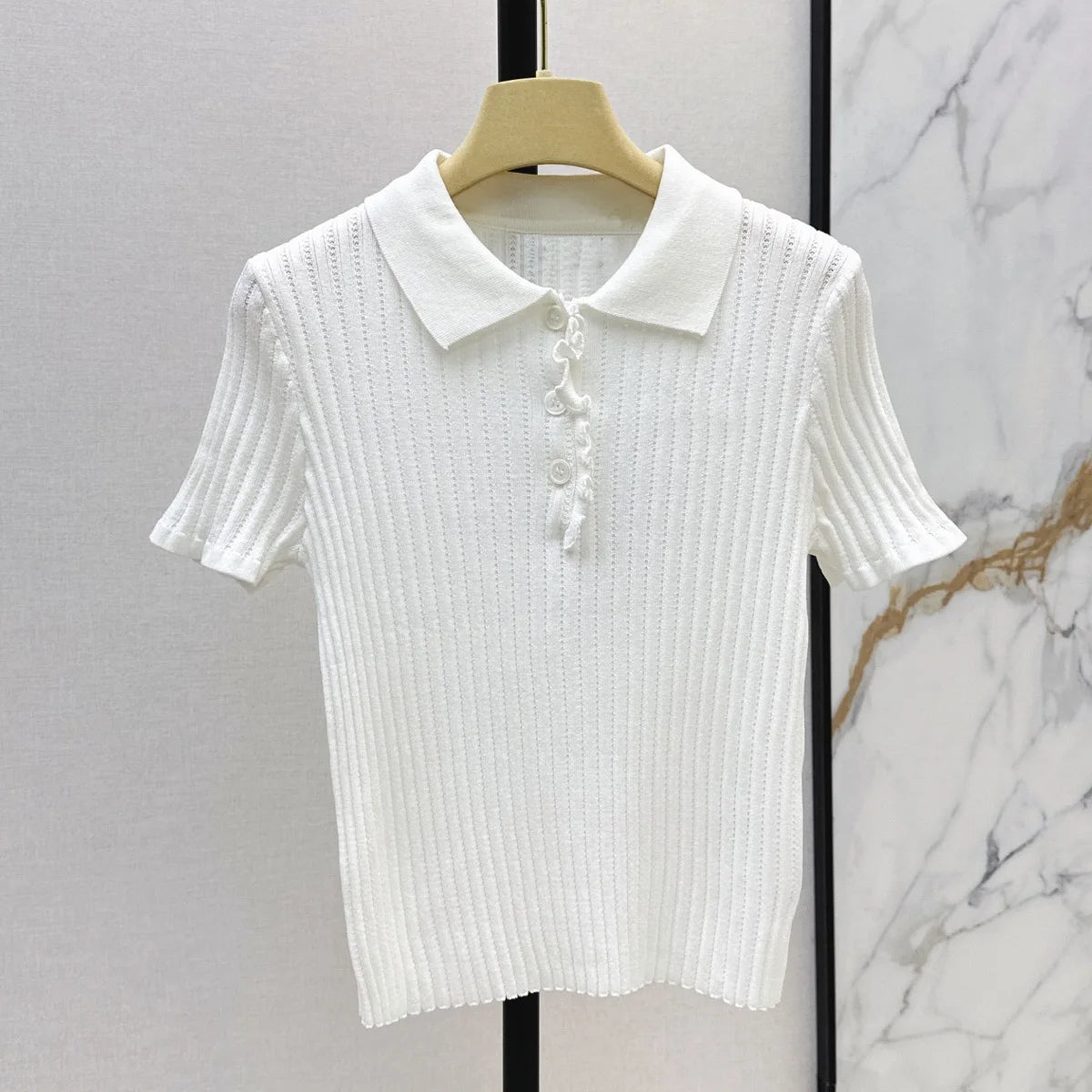 High Quality Women Polo Collar Knit Top Short Sleeve Ruffle Placket Slim Fit Hollow Rib Short Shirt lyt26714117