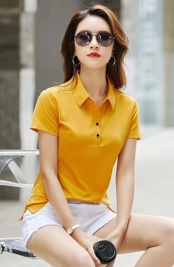 Female Tee Slim 100℅ Cotton Plain Button Women's Polo Korean Clothing Goth T-shirts Elegant Cheap Aesthetic Hot Sales Emo Kpop