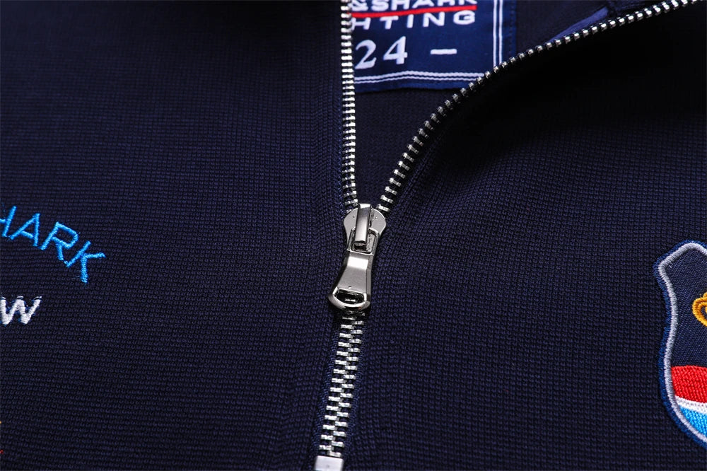 TACE&SHARK Fashion Men‘s Shark Embroidery Long Sleeve Polo Shirt Cotton Casual Wear Business Solid Color Tops