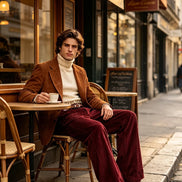 A man sits at a cafe table on a city street, wearing a brown corduroy blazer, cream turtleneck, burgundy velvet trousers, and brown leather shoes.