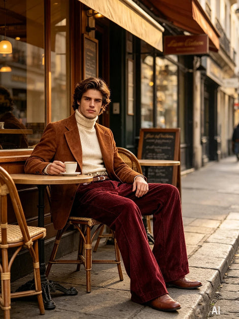 A man sits at a cafe table on a city street, wearing a brown corduroy blazer, cream turtleneck, burgundy velvet trousers, and brown leather shoes.