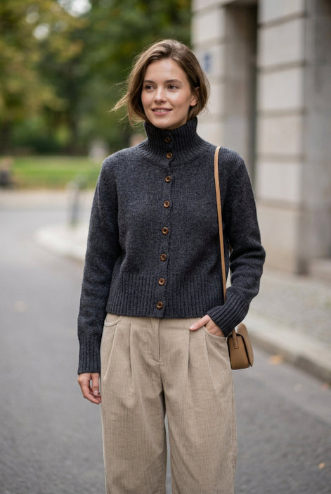A person wearing a dark charcoal gray ribbed knit mock neck cardigan with brown buttons, paired with light beige corduroy pants, in an indoor setting.