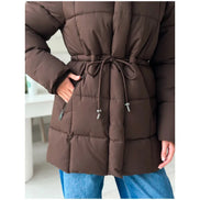 Brown Hooded Quilted Cotton Jacket Fashion Waist Cinch Drawstring Zip Pocket Warm Coat 2026 Women's Winter Casual Street Outfit