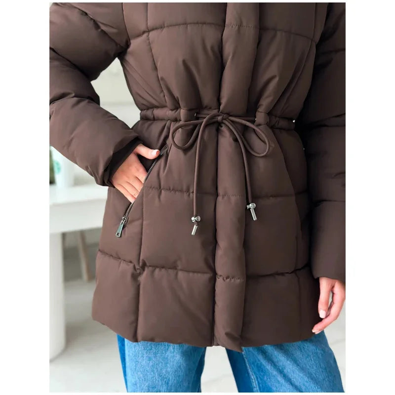 Brown Hooded Quilted Cotton Jacket Fashion Waist Cinch Drawstring Zip Pocket Warm Coat 2026 Women's Winter Casual Street Outfit