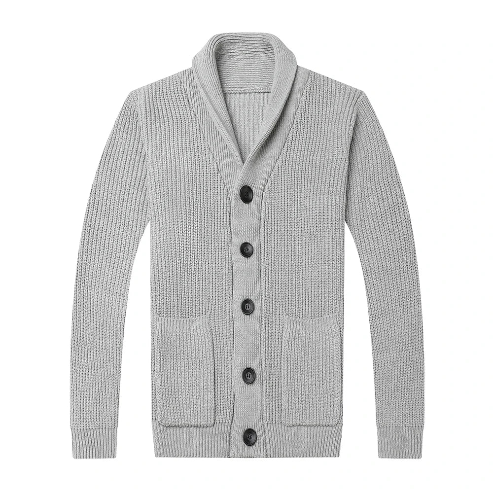 Gray knitted cardigan with buttons on a white background