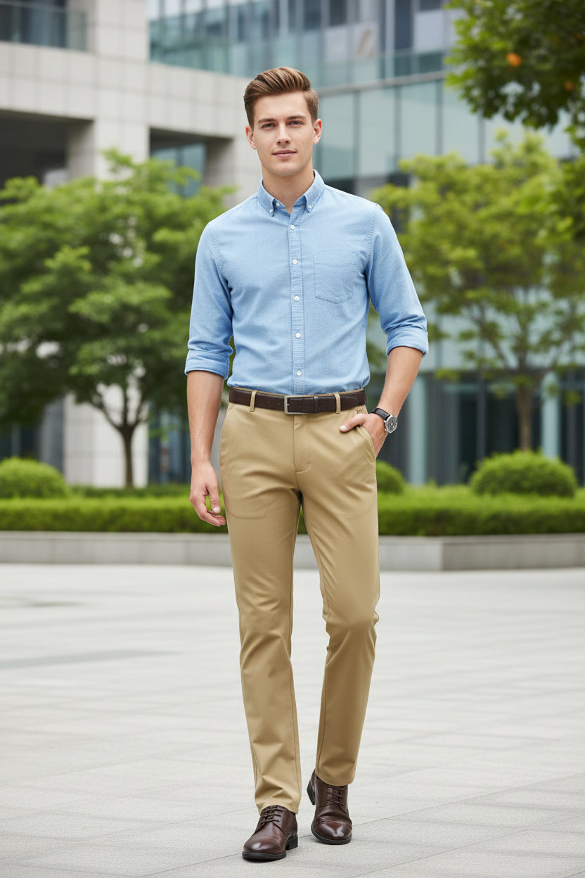 Khaki pants worn by a person with a close-up of the pants on the left.