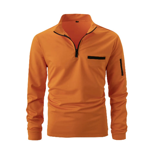 Orange long-sleeve shirt with black zipper and pocket on a white background