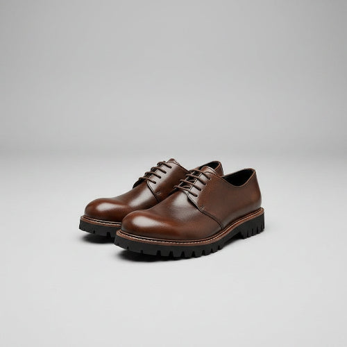 Pair of brown leather shoes on a wooden surface with a matching handbag in the background.