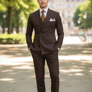 Brown suit with a white shirt and brown tie on a white background