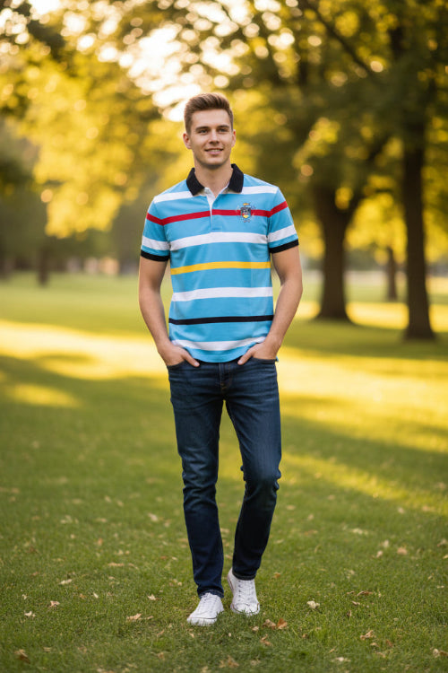 A short-sleeve polo shirt with horizontal stripes in light blue, white, red, yellow, and black. It features a black collar, a three-button placket, and a small crest graphic on the left chest.