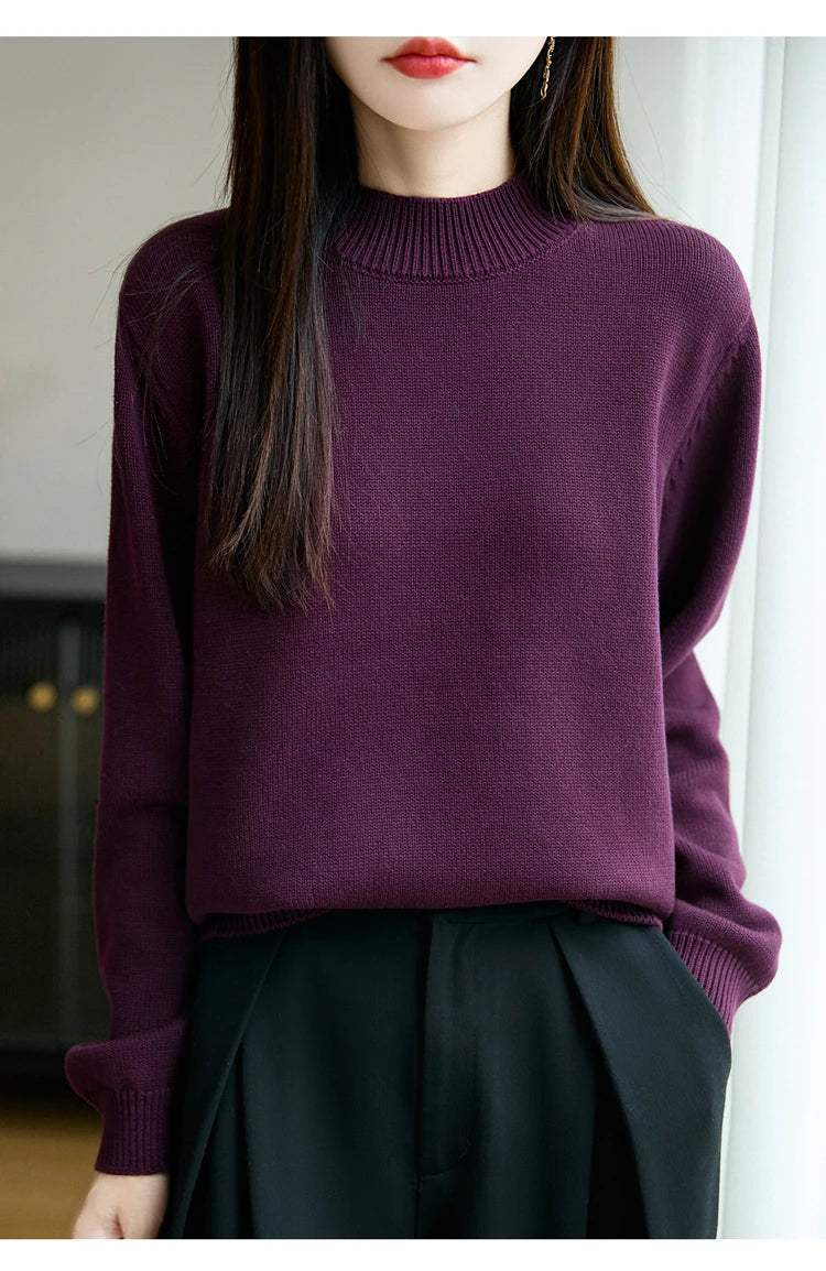 100% Pure Cotton Women's Knitted Sweater Solid Color Round Neck Pullover Loose Cotton Sweater Autumn and Winter New Women's Top