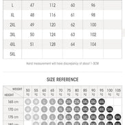Size chart and weight-height reference chart for clothing measurements.