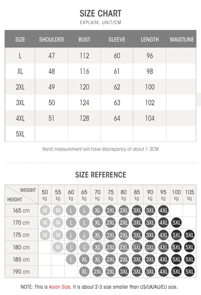 Size chart and weight-height reference chart for clothing measurements.