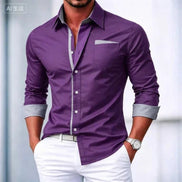 A man wearing a purple long-sleeve button-up shirt with contrasting light gray inner placket, pocket square, and rolled cuffs, paired with white pants.