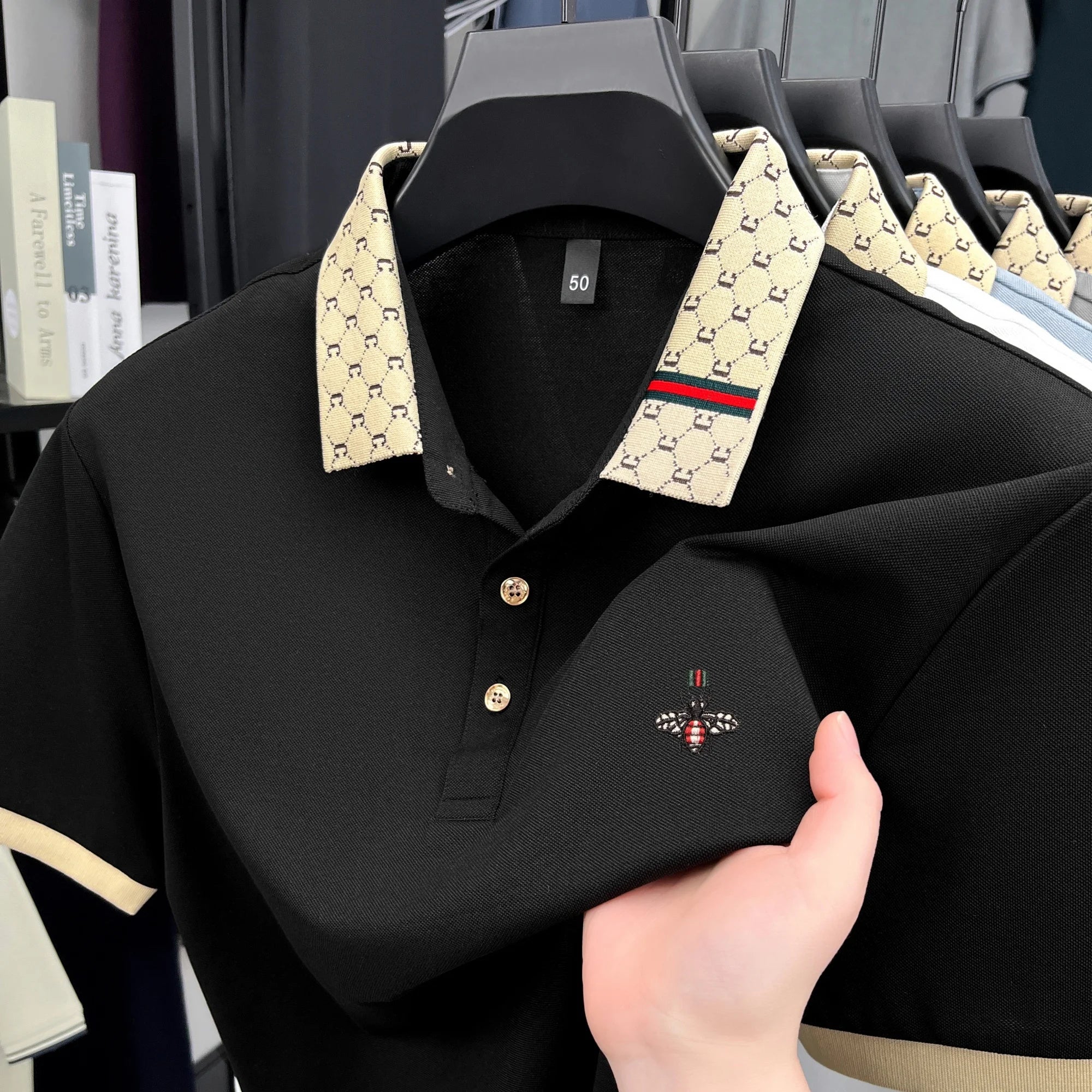 Personality letter jacquard lapel short sleeve T-shirt men high-end brand Little Bee embroidery fashion trend summer polo shirt