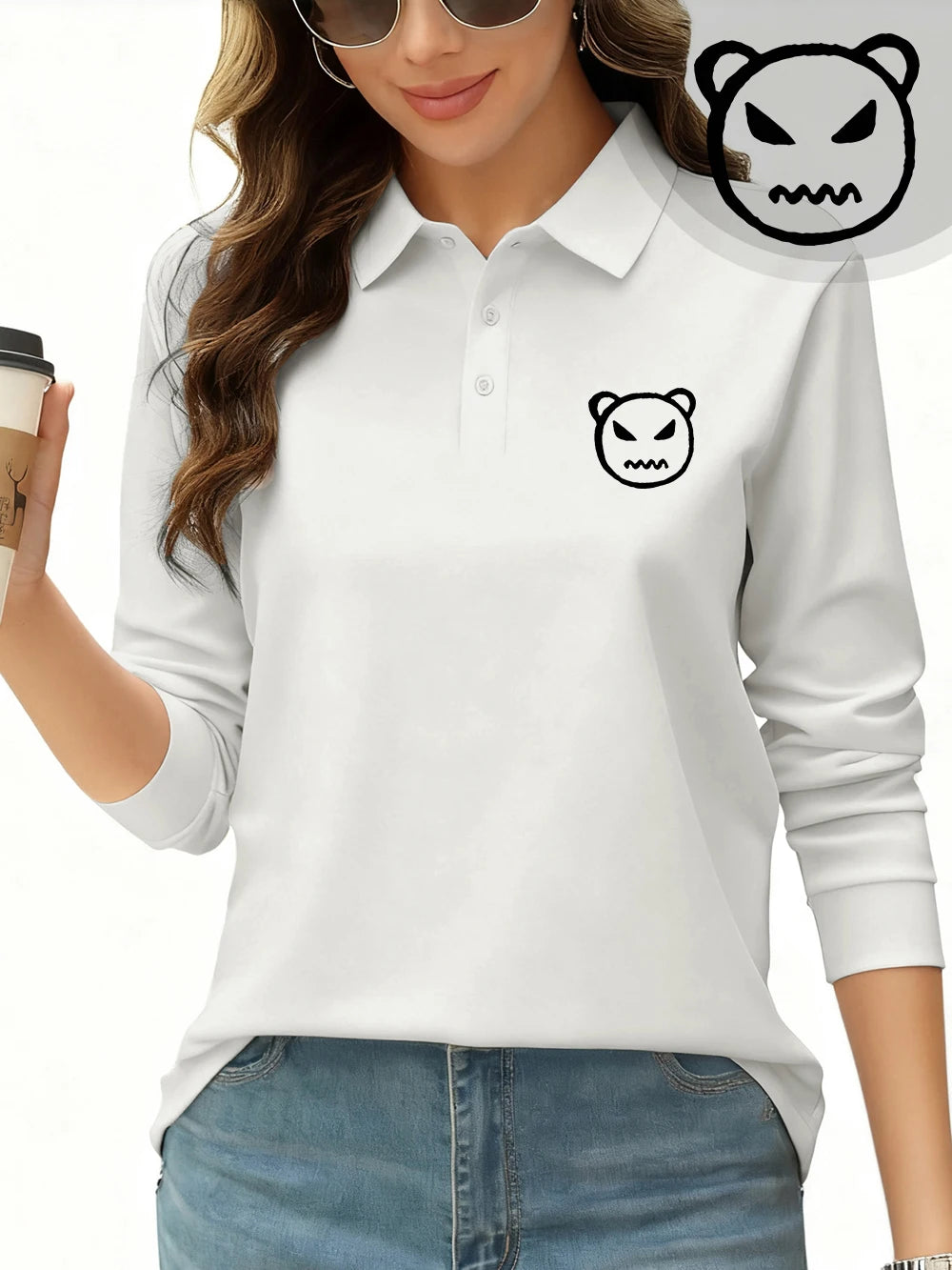 Angry Bear Printing Polo Shirt Womens Autumn Breathable Lapel T-Shirts Commuting Long Sleeves Tops Sporty Womans New Workwear