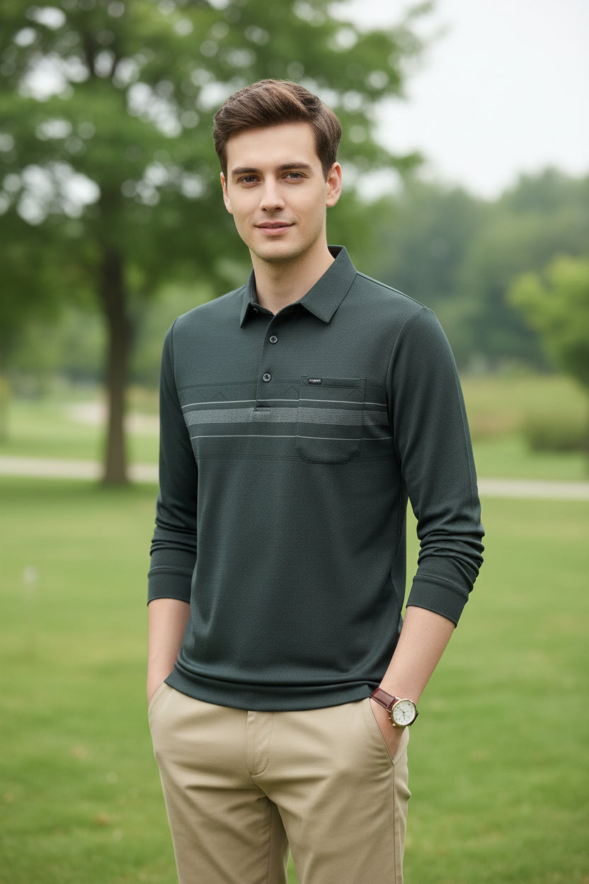 Luxury Wool Blend Fabric Men's Long Sleeve Polo  Classic