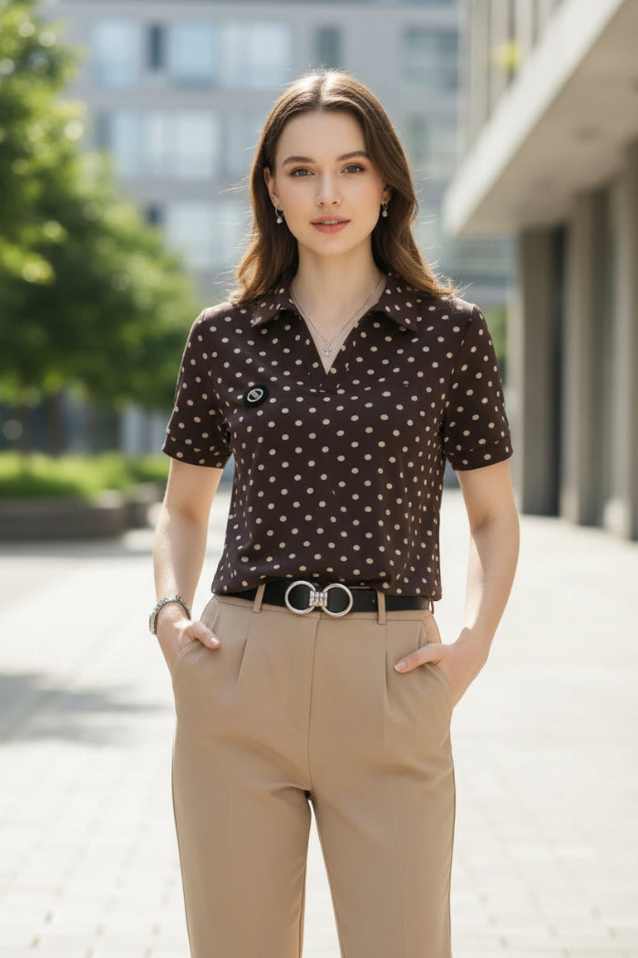 A woman wearing a brown short-sleeve polo shirt with a white polka dot pattern, paired with beige trousers and a black belt with a silver buckle.