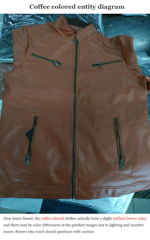 Brown leather vest with multiple zippers on a reflective surface
