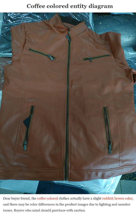 Brown leather vest with multiple zippers on a reflective surface