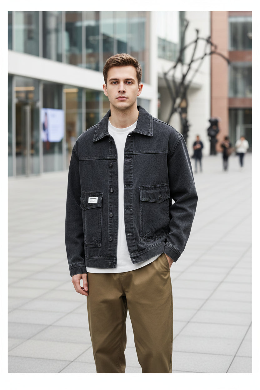 Person wearing a black denim jacket on a white background