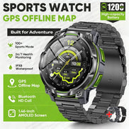 A rugged black sports watch with a metallic link band, shown on a promotional graphic with text highlighting GPS offline map, 120mAh high-capacity battery, 