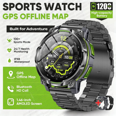 A rugged black sports watch with a metallic link band, shown on a promotional graphic with text highlighting GPS offline map, 120mAh high-capacity battery, 