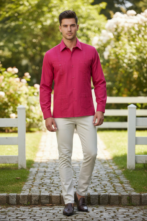 Red shirt with intricate patterns  young man wearing it outside