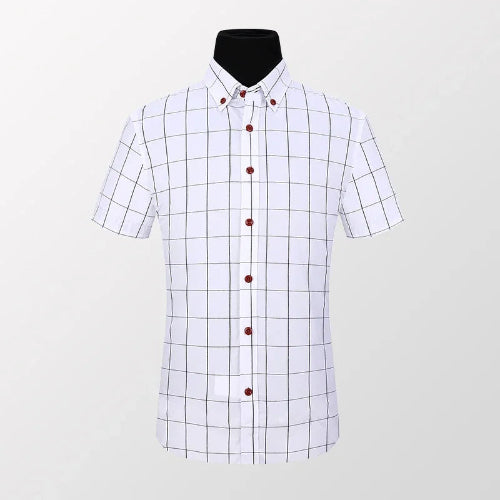 White short-sleeve shirt with black grid pattern on a mannequin against a white background