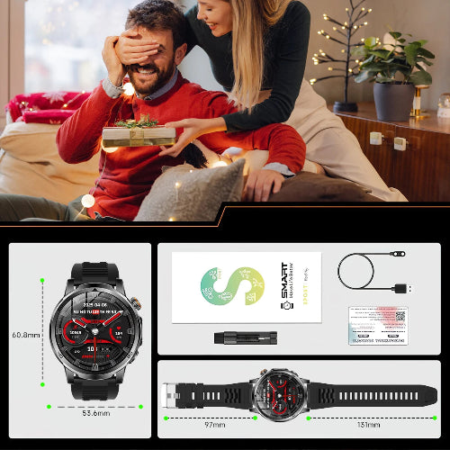 Man and woman sitting on a couch with a gift, followed by product details of a smartwatch including dimensions and packaging.
