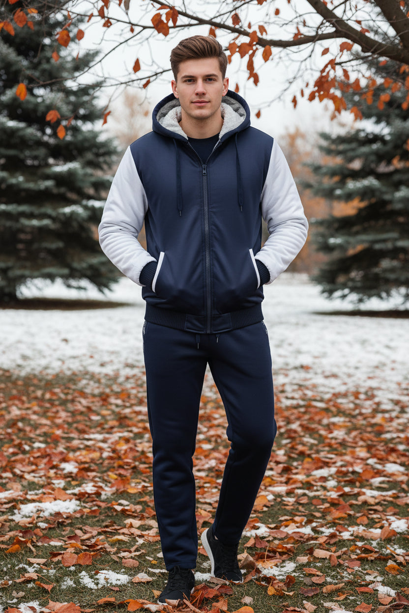 Navy and white jacket with hood and black pants on a white background