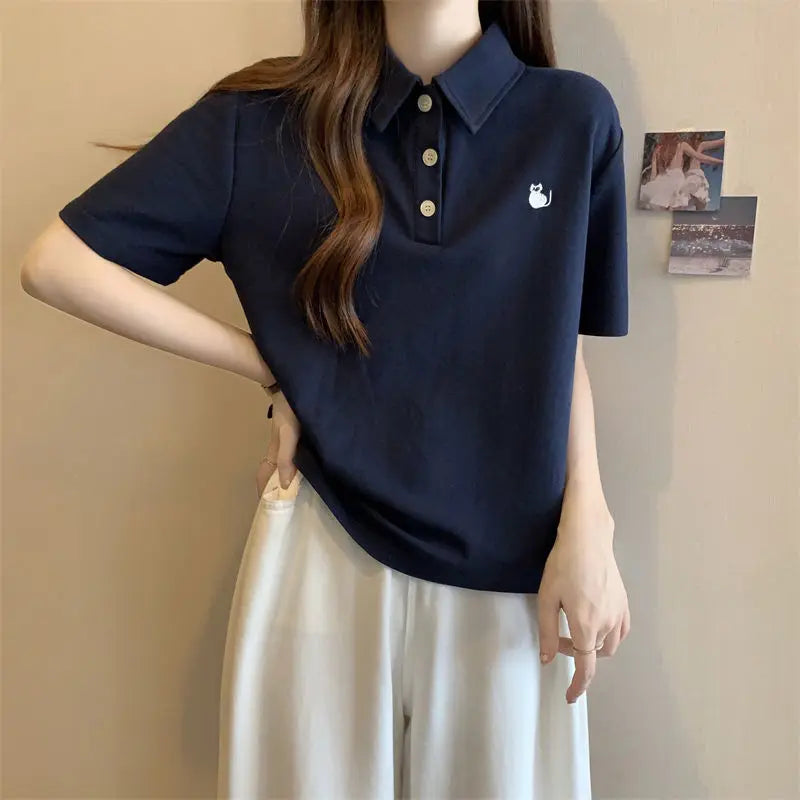 Pink Woman 100℅ Cotton Tshirt Embroidery Polo Neck T Shirt for Women Korean Clothing Y2k Fashion High Quality Youthful Elegant