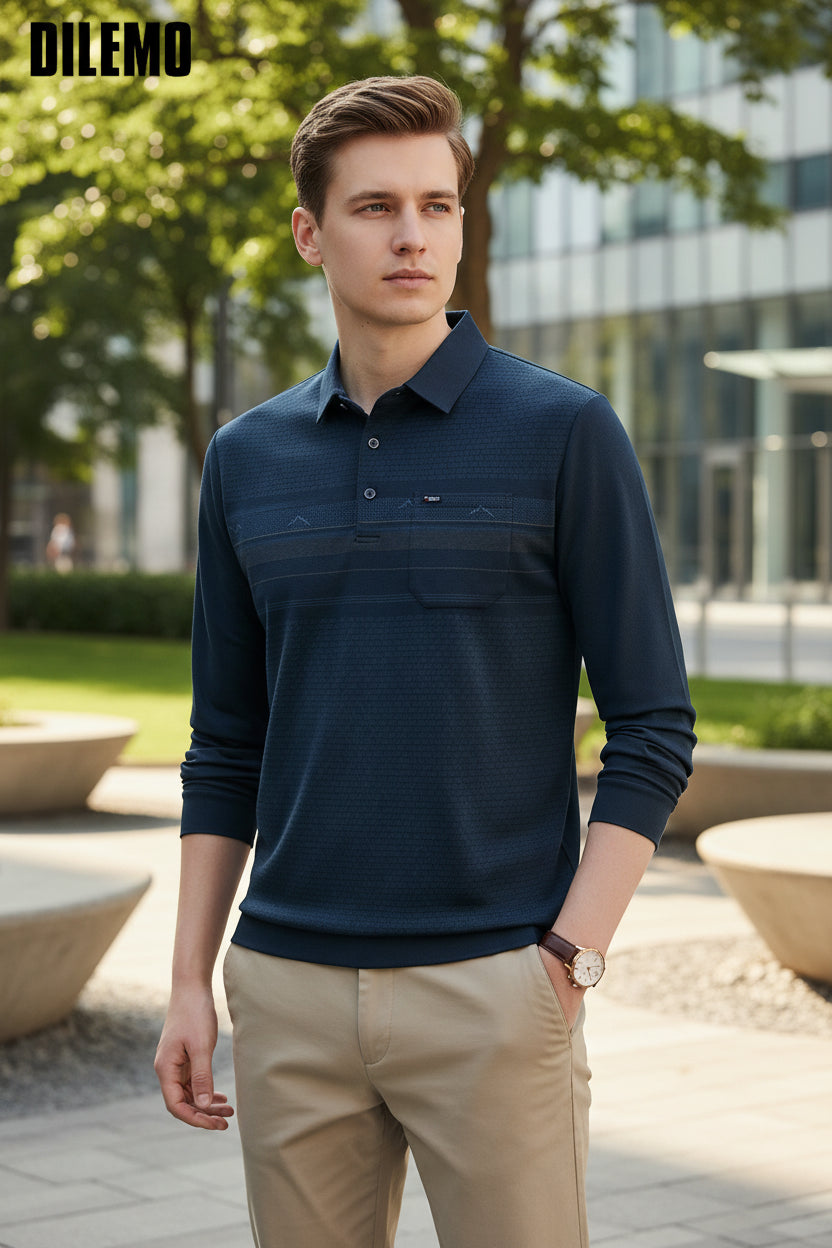 A man wearing a dark navy long-sleeve polo shirt with a textured knit pattern and horizontal stripe details across the chest. The image includes a brand logo 'DILEMO' in the top-left corner and a feature callout graphic on the top-right highlighting 'INCLUSES WOOL', 'SKIN FABRIC', and 'SOFT'.