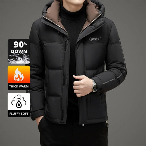 A man wearing a black hooded puffer jacket with a brown-lined hood, layered over a black turtleneck. The image includes three feature callout graphics on the left highlighting '90% DOWN', 'THICK WARM', and 'FLUFFY SOFT'.