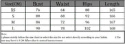 A size chart table with columns for Size (CM), Bust, Waist, Hips, and Length, showingXS, S, M, and L measurements and a note at the bottom.