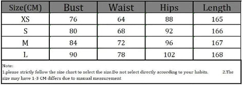 A size chart table with columns for Size (CM), Bust, Waist, Hips, and Length, showingXS, S, M, and L measurements and a note at the bottom.