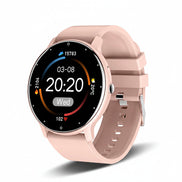 Smartwatch with a pink strap on a white background, featuring text about fast shipping.