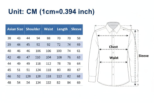 Size chart for shirts with measurements in centimeters, including a diagram of shirt dimensions.