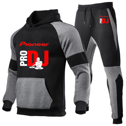 A two-piece athletic tracksuit set featuring a black and gray pullover hoodie with a red and white 'Pioneer PRO DJ' graphic on the front