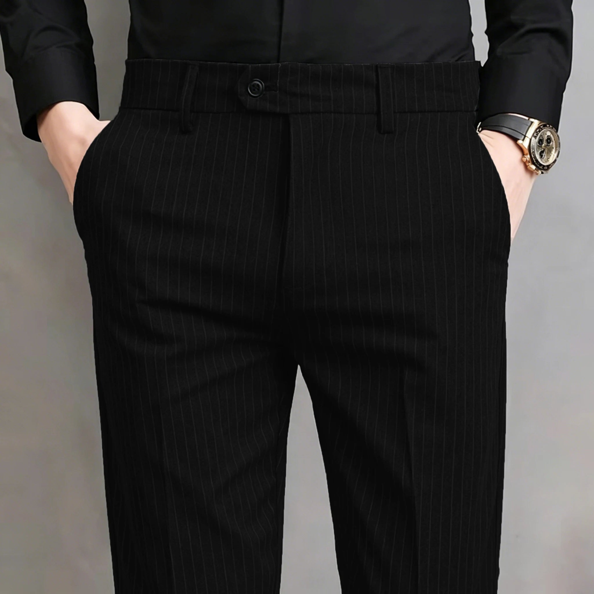 Pinstripe Pattern Suit Pants for Man Formal Dress Slim Fit Pants Elastic Waist Summer Thin Casual Trousers Male Business Wedding