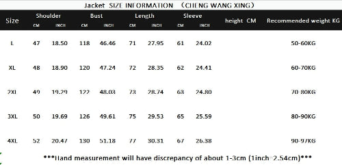 Size chart for jackets with measurement details in centimeters and inches.