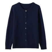 A dark navy blue knit cardigan sweater with a round neckline, long sleeves, and a button-up front, shown against a plain white background.