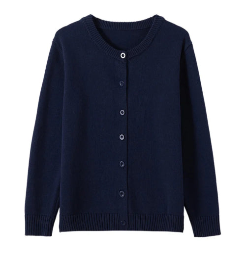 A dark navy blue knit cardigan sweater with a round neckline, long sleeves, and a button-up front, shown against a plain white background.