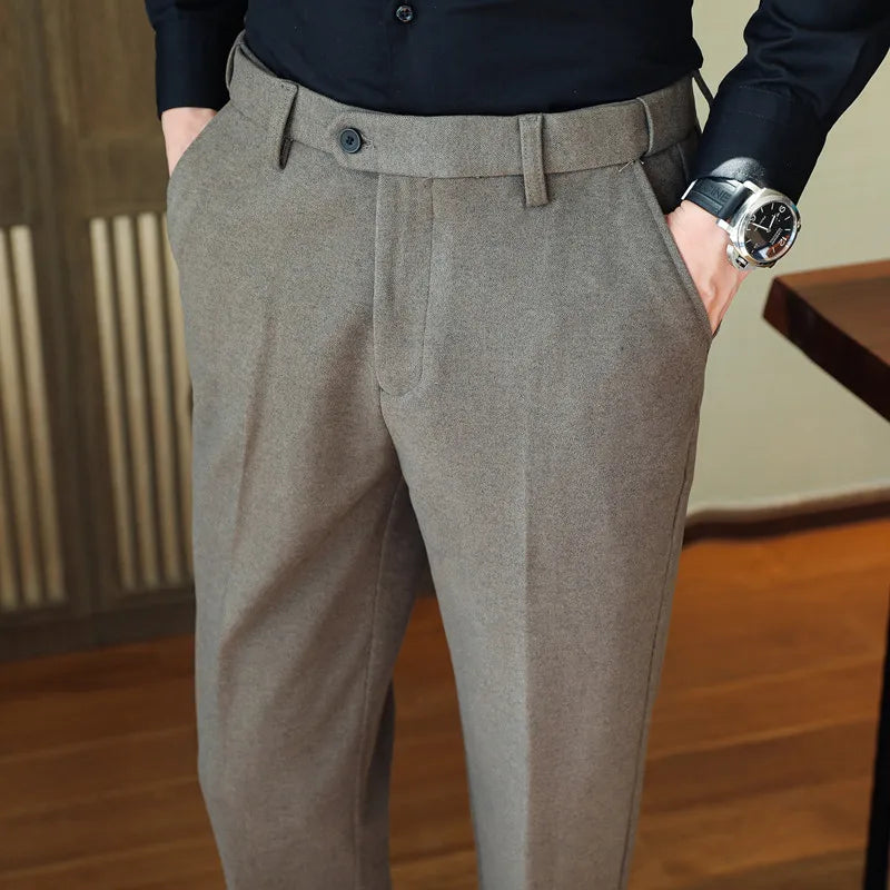 2025 Autumn and Winter Coffee Stretchable Waist Thickened Brushed Casual Pants for Men,multi-color Thick Men's Woolen Suit Pants