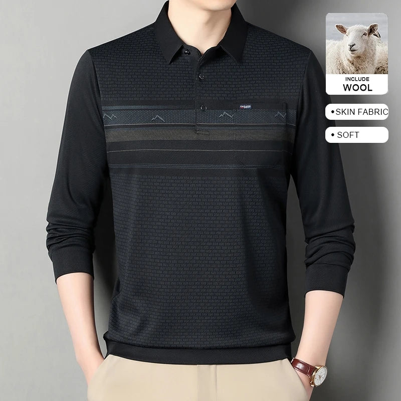 Luxury Wool Blend Fabric Men's Long Sleeve Polo  Classic