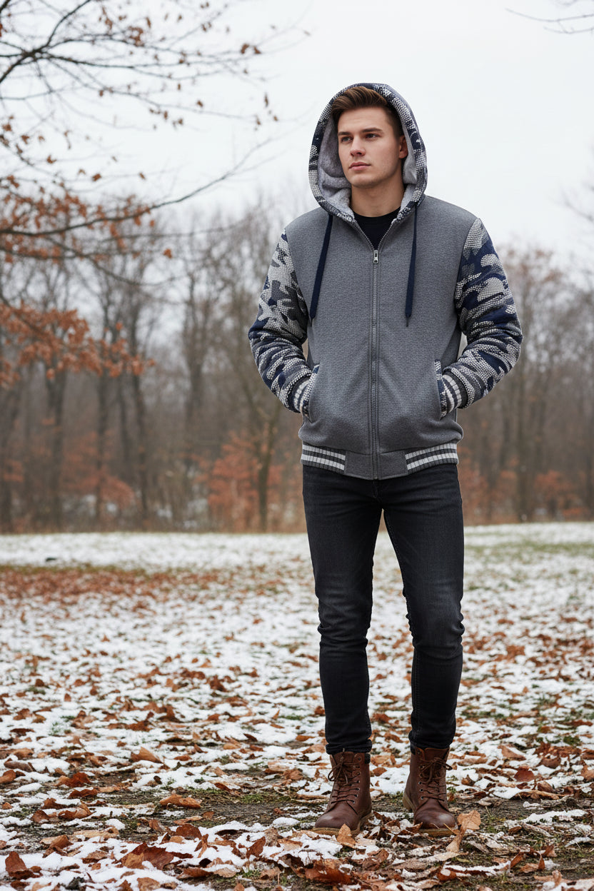 Camouflage hoodie with gray fleece lining on a white background