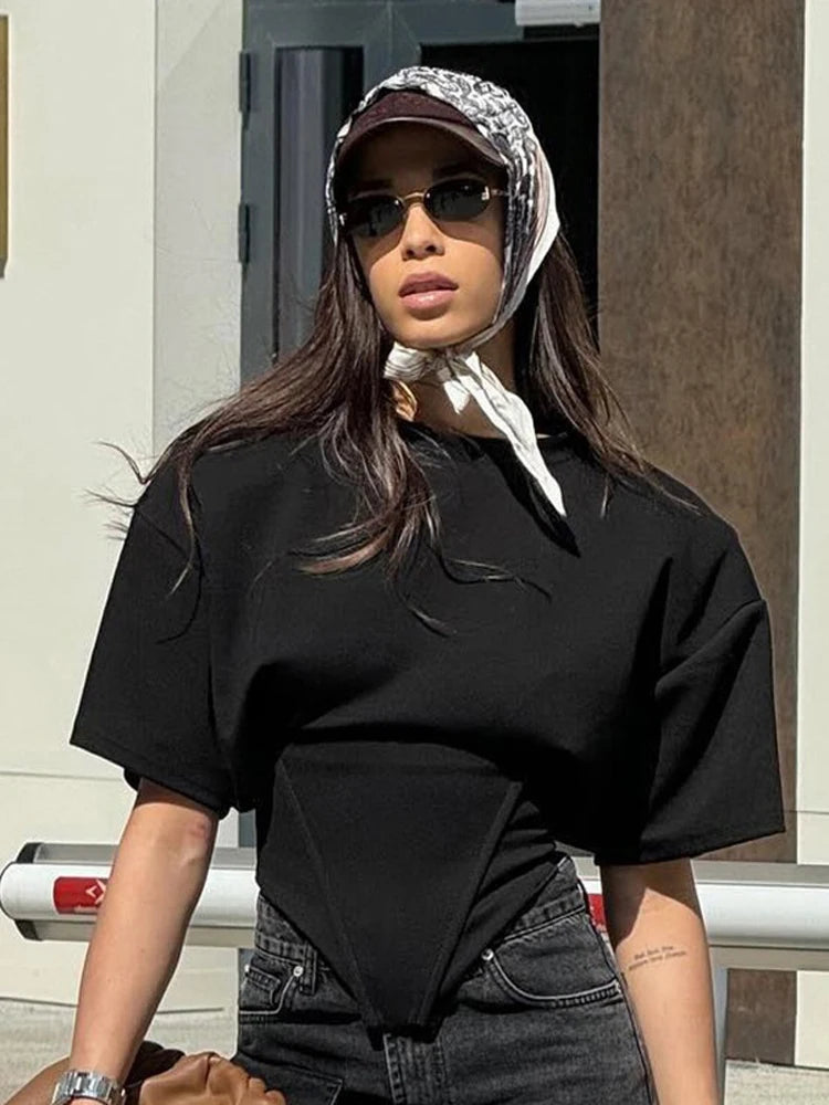 Versatile Regular-shoulder T-shirts Women Casual White Round Neck Irregular Hem Pleated Short Top Summer Lady Street Wear New